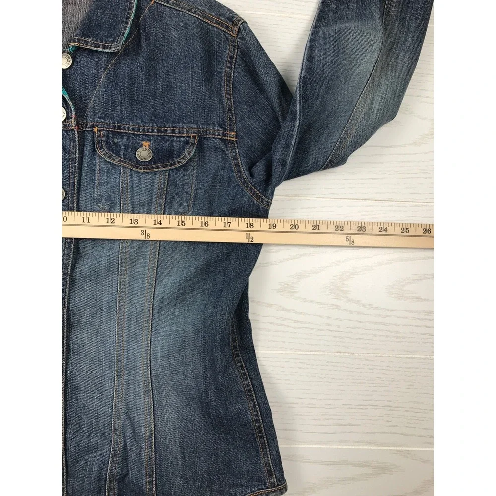 Chicos Denim Jacket Women M Blue Floral Lining Cuff Collar 100% Cotton Button Up - Picture 5 of 12